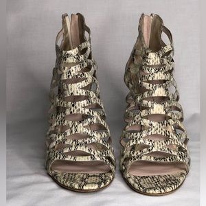 Elie Tahari Snake skin cage high heel SANDALS with back zipper, gently worn.